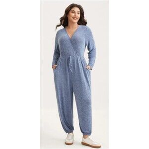 BloomChic Womens 14 16 Plus Size Elastic Waist Overlap Collar Lounge Jumpsuit